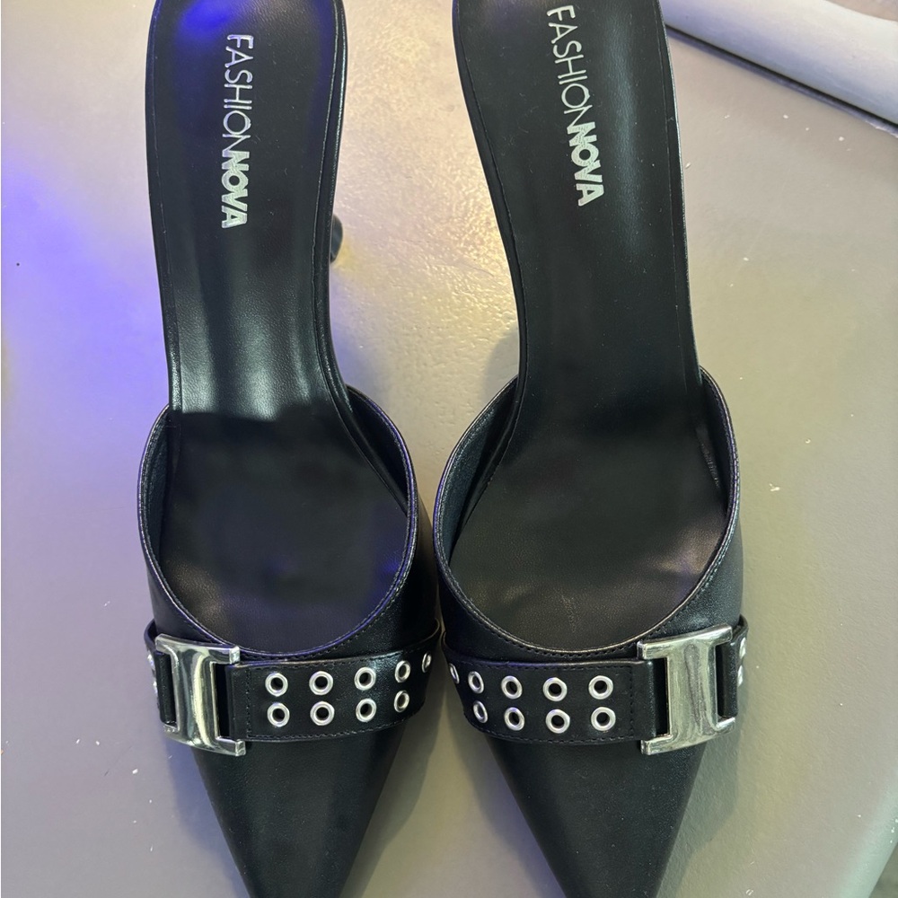 Fashion Nova Black Mules with Metallic Accents